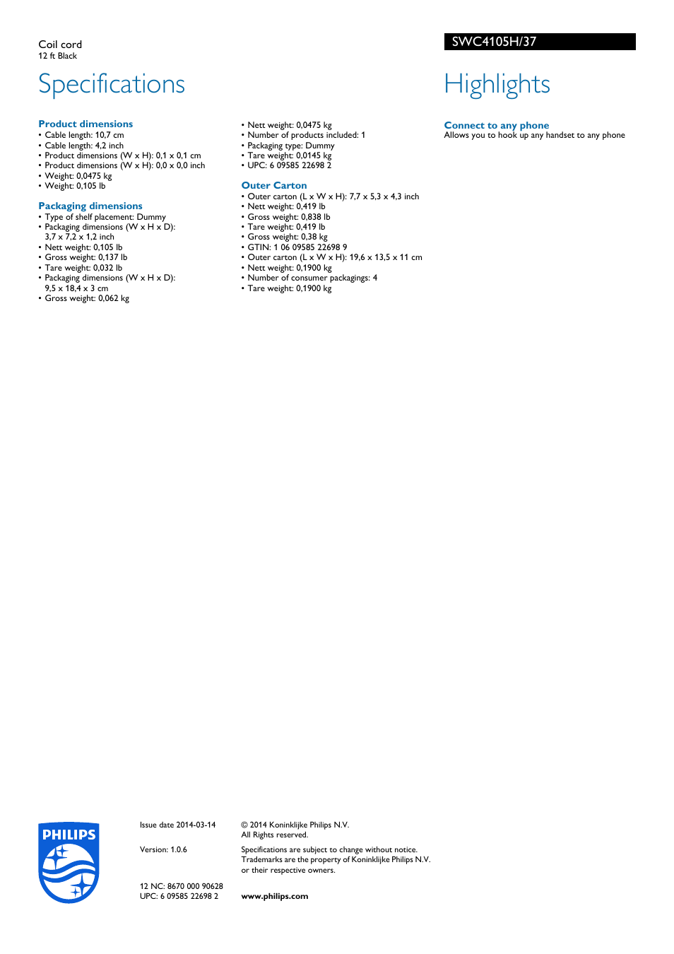 Specifications, Highlights | Philips SWC4105H-37 User Manual | Page 2 / 2