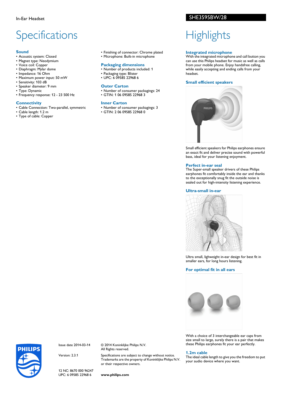 Specifications, Highlights | Philips SHE3595BW-28 User Manual | Page 2 / 2