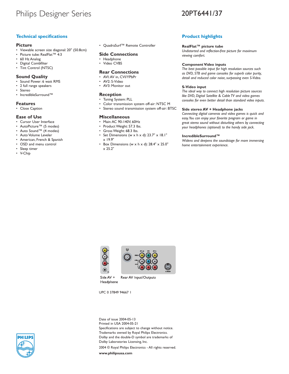 Philips designer series | Philips 20PT6441-37B User Manual | Page 2 / 2