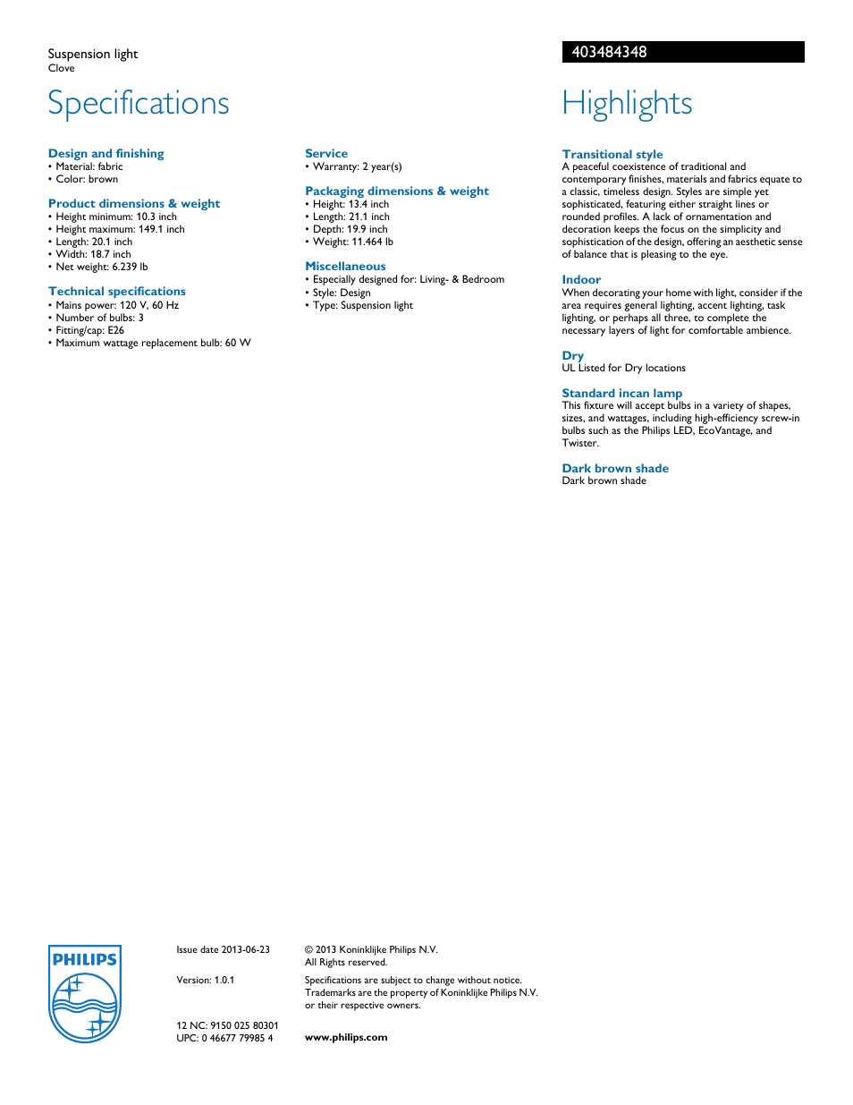 Specifications, Highlights | Philips 403484348 User Manual | Page 2 / 2