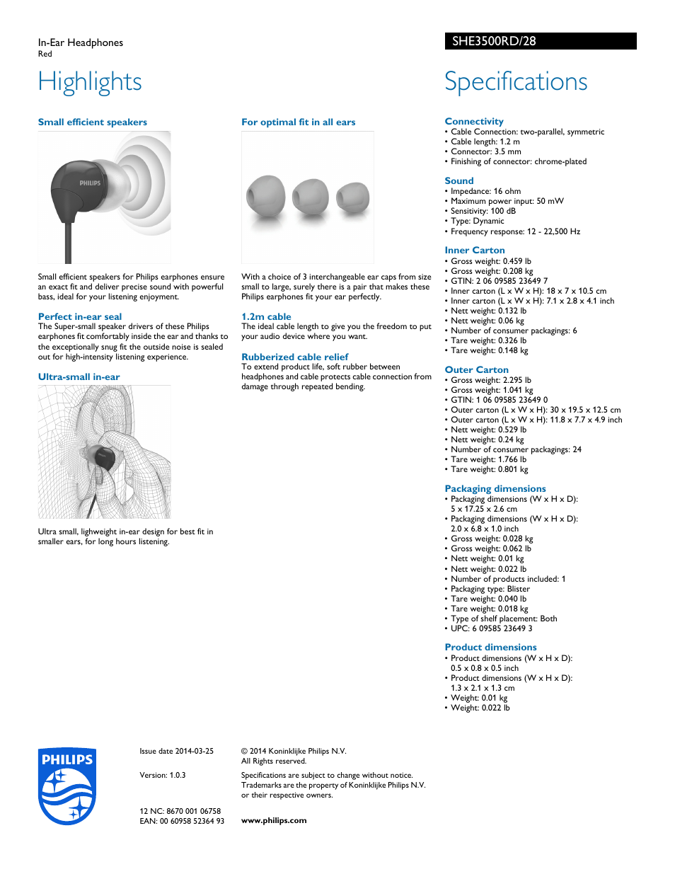 Highlights, Specifications | Philips SHE3500RD-28 User Manual | Page 2 / 2