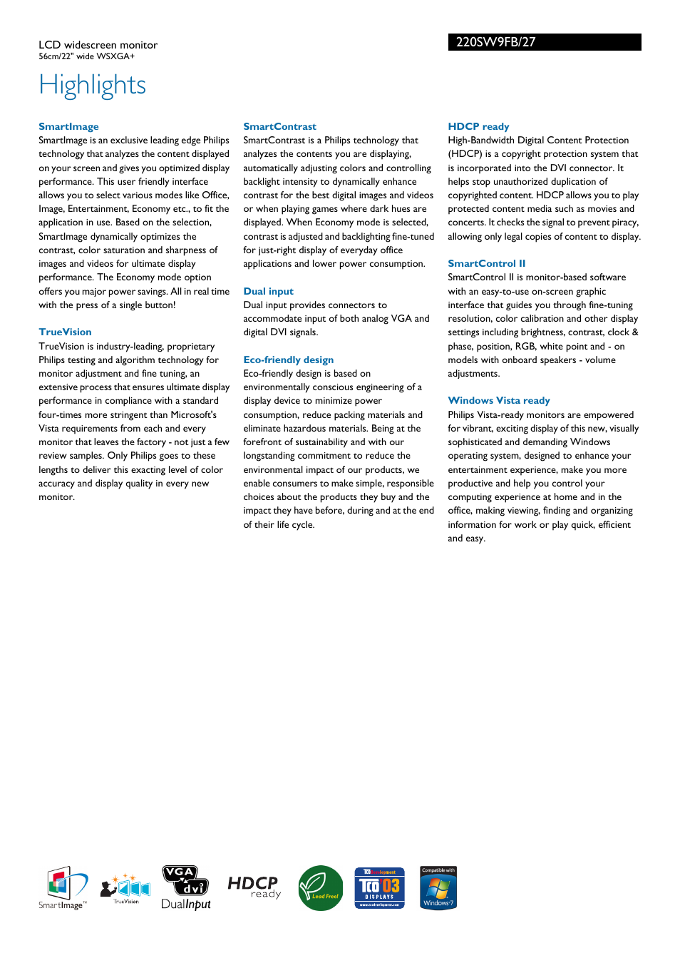 Highlights | Philips 220SW9FB-27 User Manual | Page 2 / 3