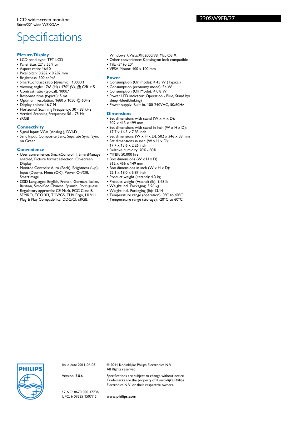 Specifications | Philips 220SW9FB-27 User Manual | Page 3 / 3