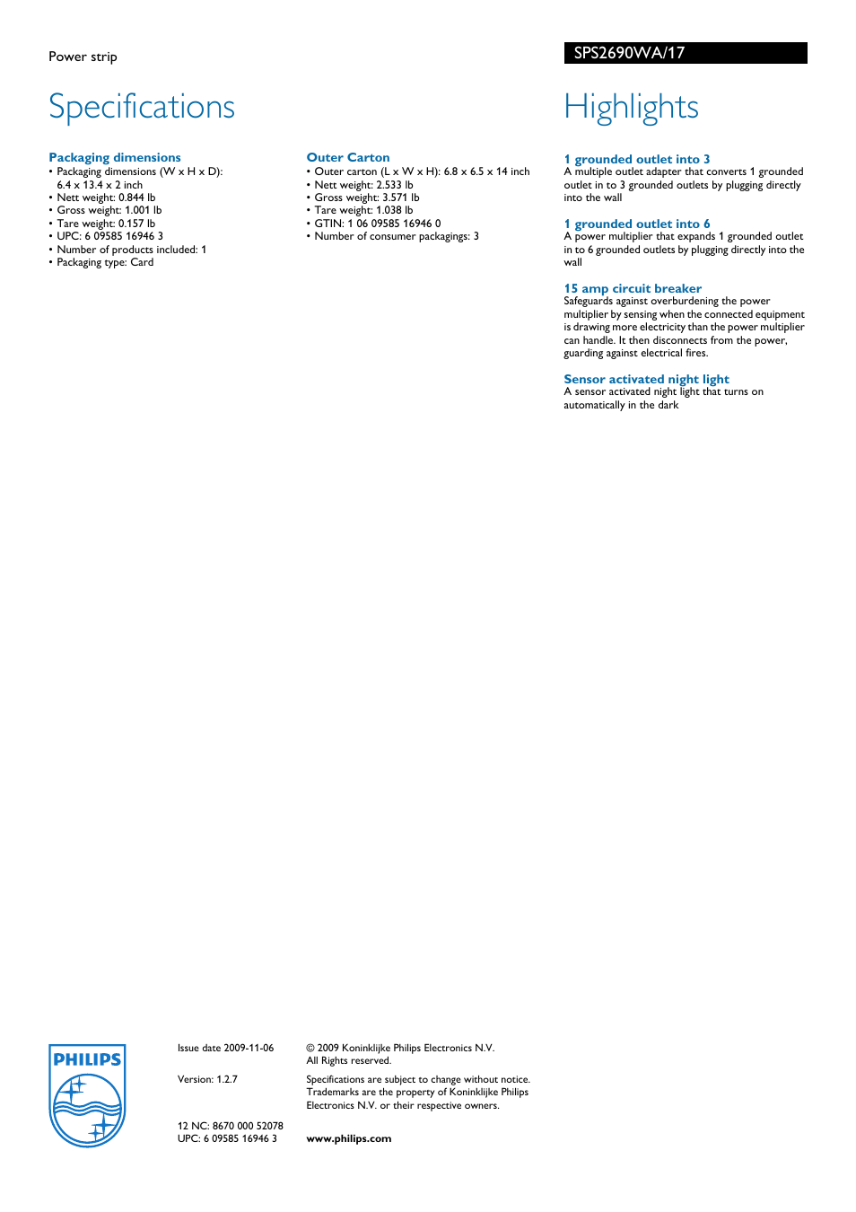 Specifications, Highlights | Philips Power strip SPS2690WA User Manual | Page 2 / 2