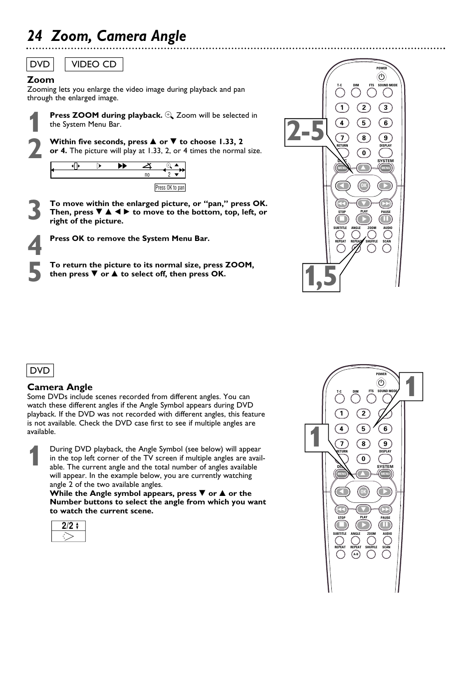 24 zoom, camera angle, Camera angle, Zoom | Dvd video cd dvd | Philips DVD763SA98 User Manual | Page 24 / 52