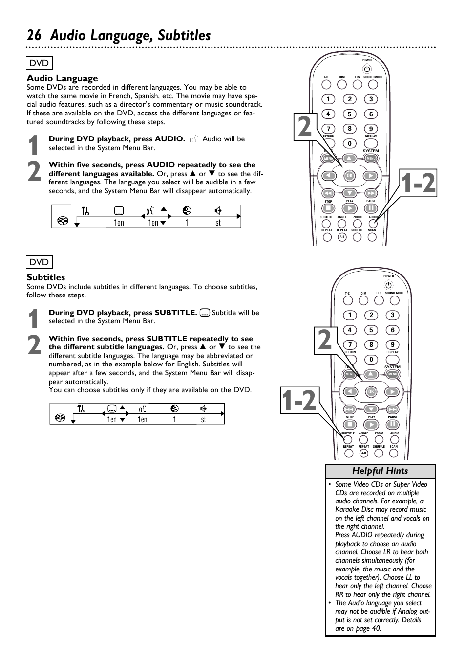 26 audio language, subtitles, Helpful hints, Audio language | Subtitles | Philips DVD763SA98 User Manual | Page 26 / 52