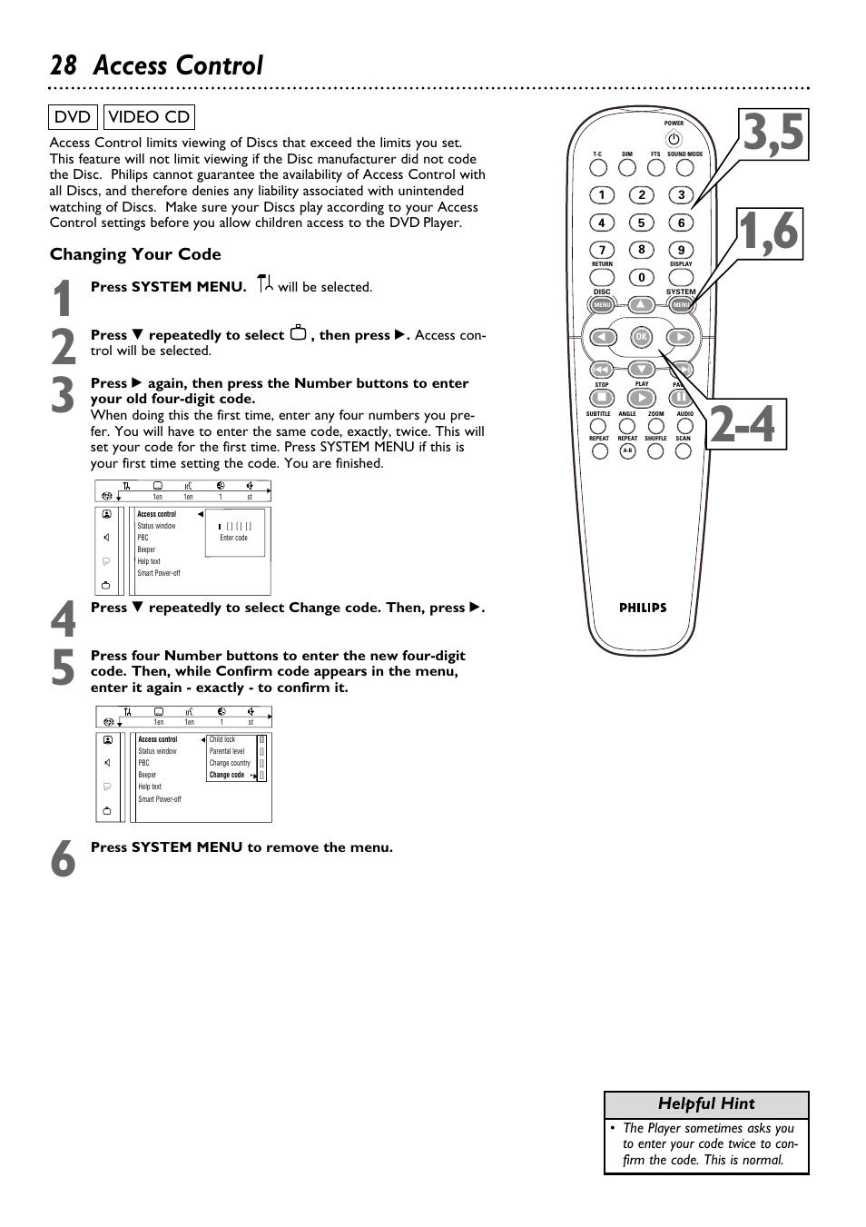 28 access control, Changing your code, Dvd video cd | Helpful hint | Philips DVD763SA98 User Manual | Page 28 / 52