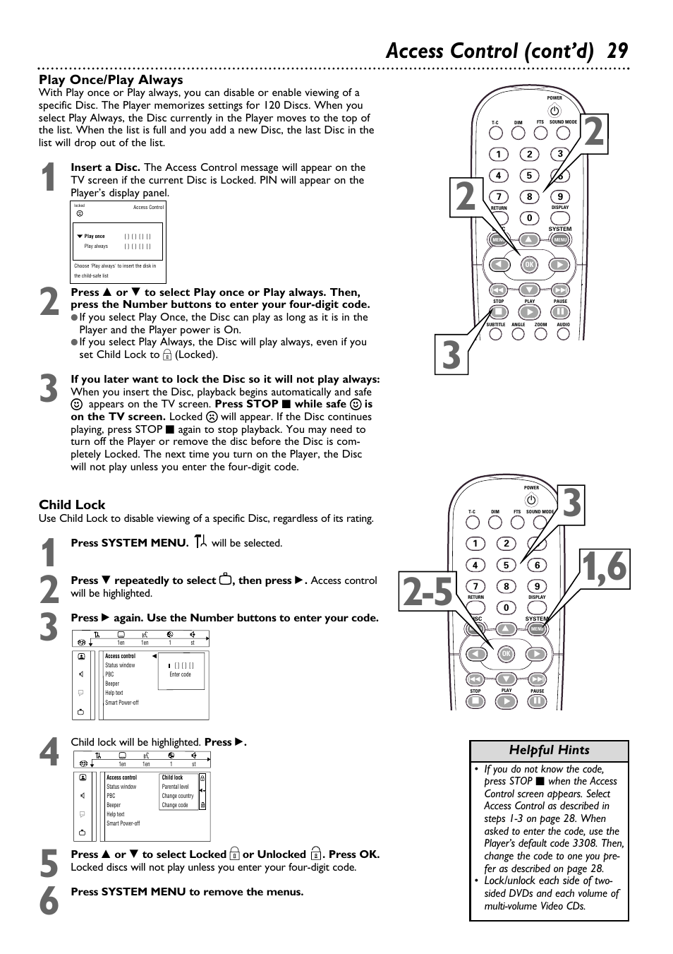 Access control (cont’d) 29, Helpful hints, Child lock | Play once/play always | Philips DVD763SA98 User Manual | Page 29 / 52