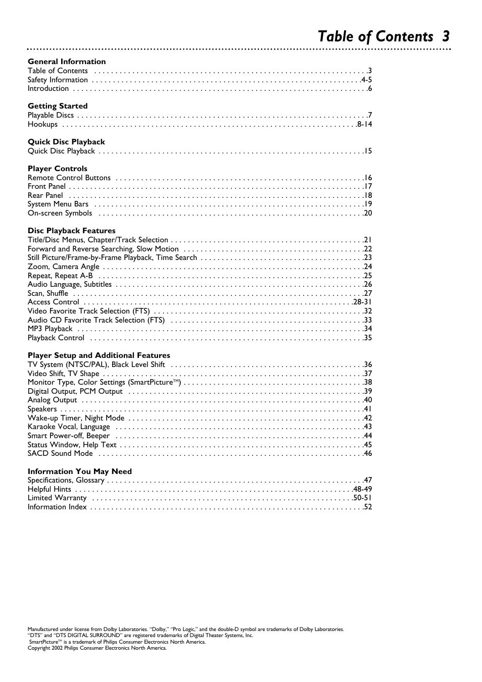 Table of contents 3 | Philips DVD763SA98 User Manual | Page 3 / 52