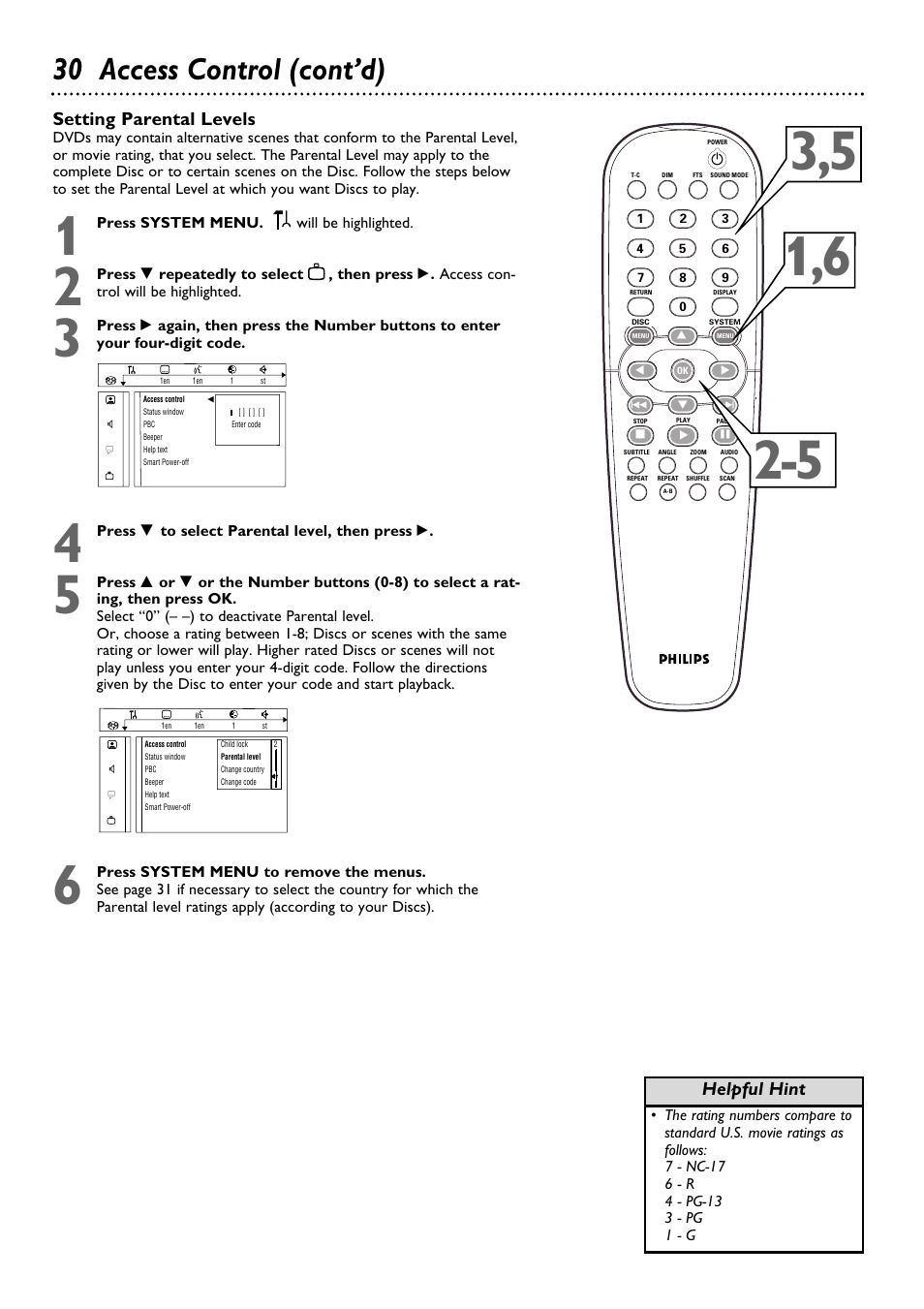 30 access control (cont’d), Setting parental levels, Helpful hint | Philips DVD763SA98 User Manual | Page 30 / 52