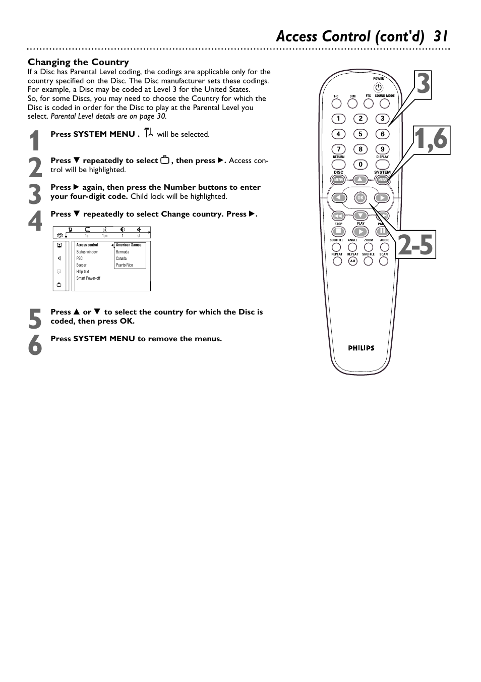 Access control (cont'd) 31, Changing the country | Philips DVD763SA98 User Manual | Page 31 / 52