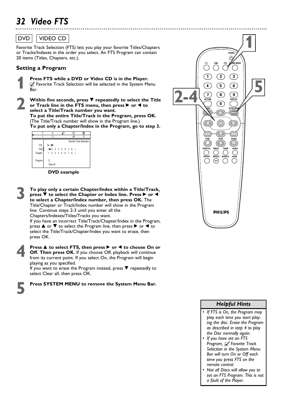 32 video fts, Setting a program, Dvd video cd | Helpful hints | Philips DVD763SA98 User Manual | Page 32 / 52