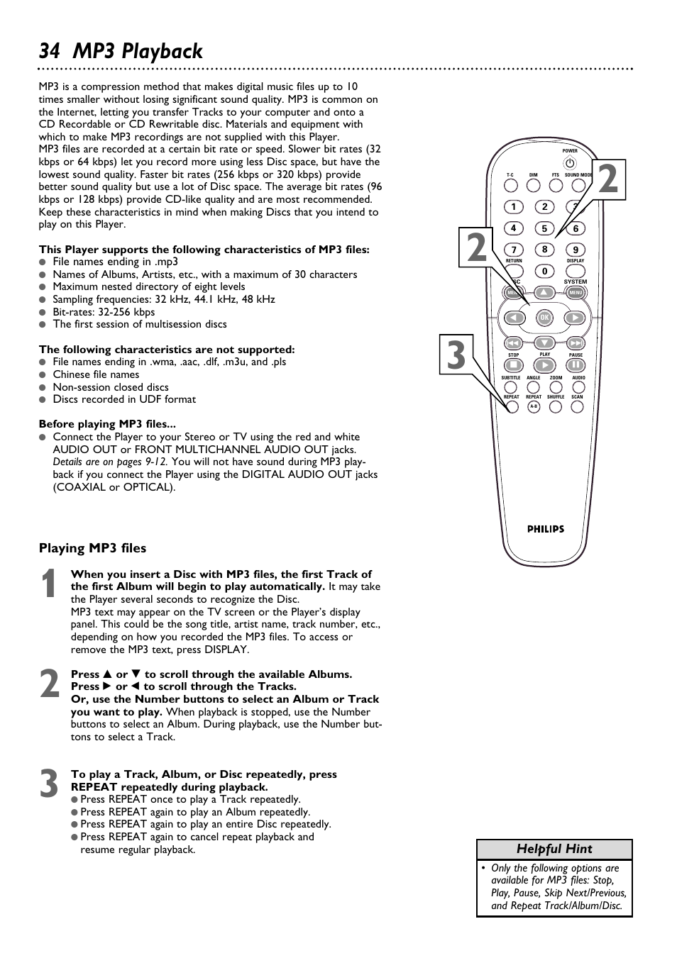 34 mp3 playback, Playing mp3 files, Helpful hint | Philips DVD763SA98 User Manual | Page 34 / 52