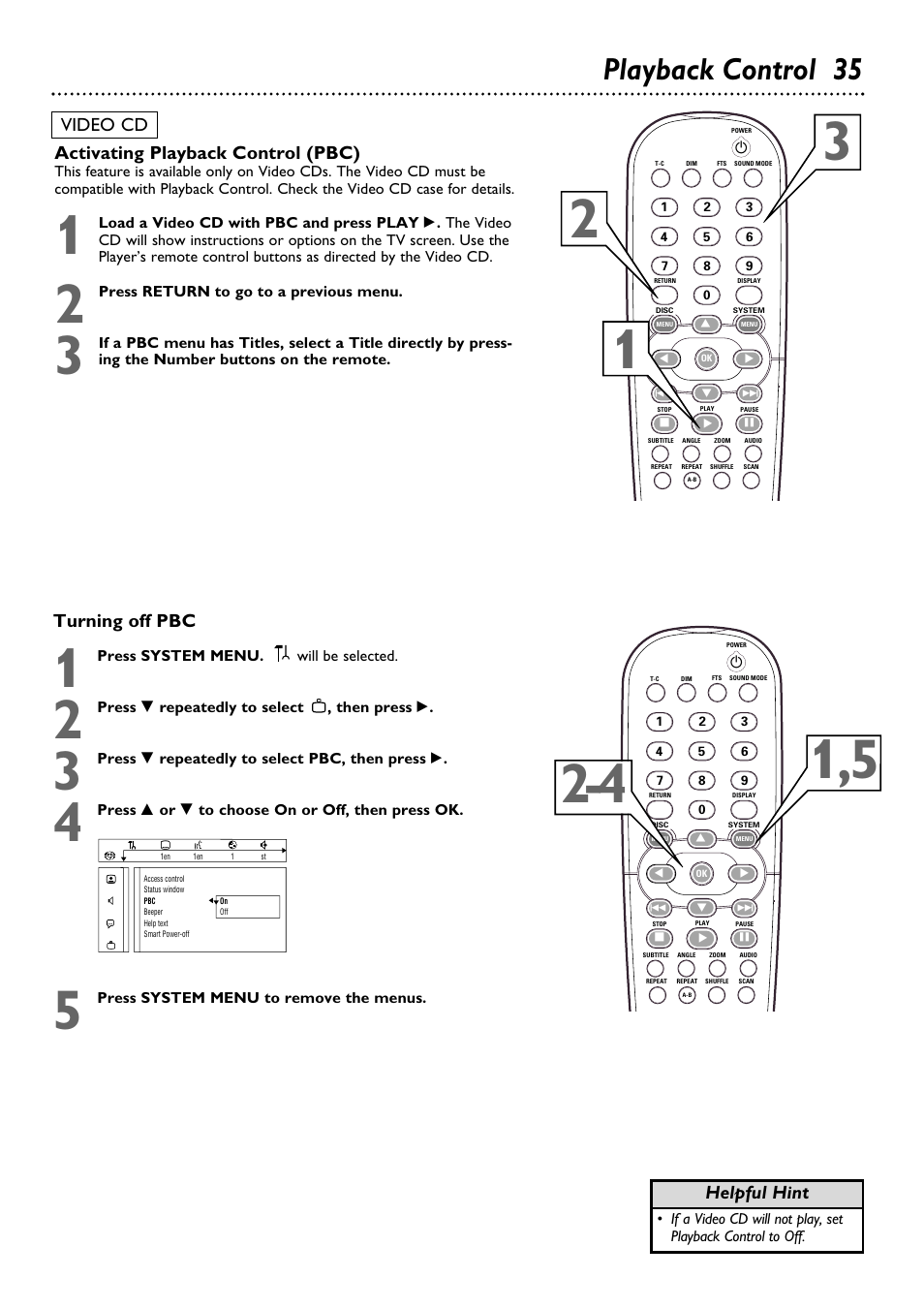 Playback control 35, Activating playback control (pbc), Video cd | Turning off pbc, Helpful hint | Philips DVD763SA98 User Manual | Page 35 / 52