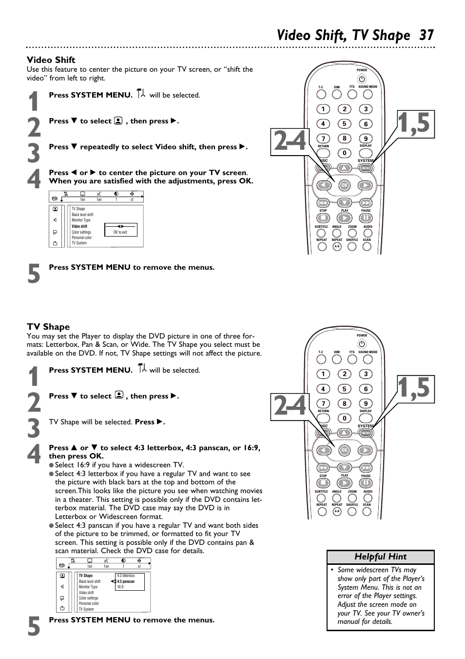 Video shift, tv shape 37, Video shift, Tv shape | Helpful hint | Philips DVD763SA98 User Manual | Page 37 / 52