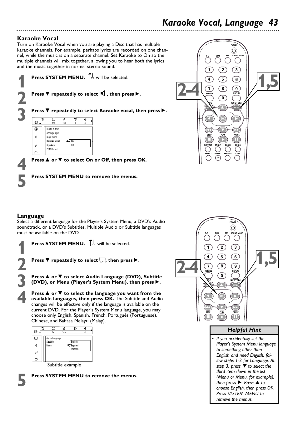 Karaoke vocal, language 43, Language, Helpful hint | Karaoke vocal | Philips DVD763SA98 User Manual | Page 43 / 52