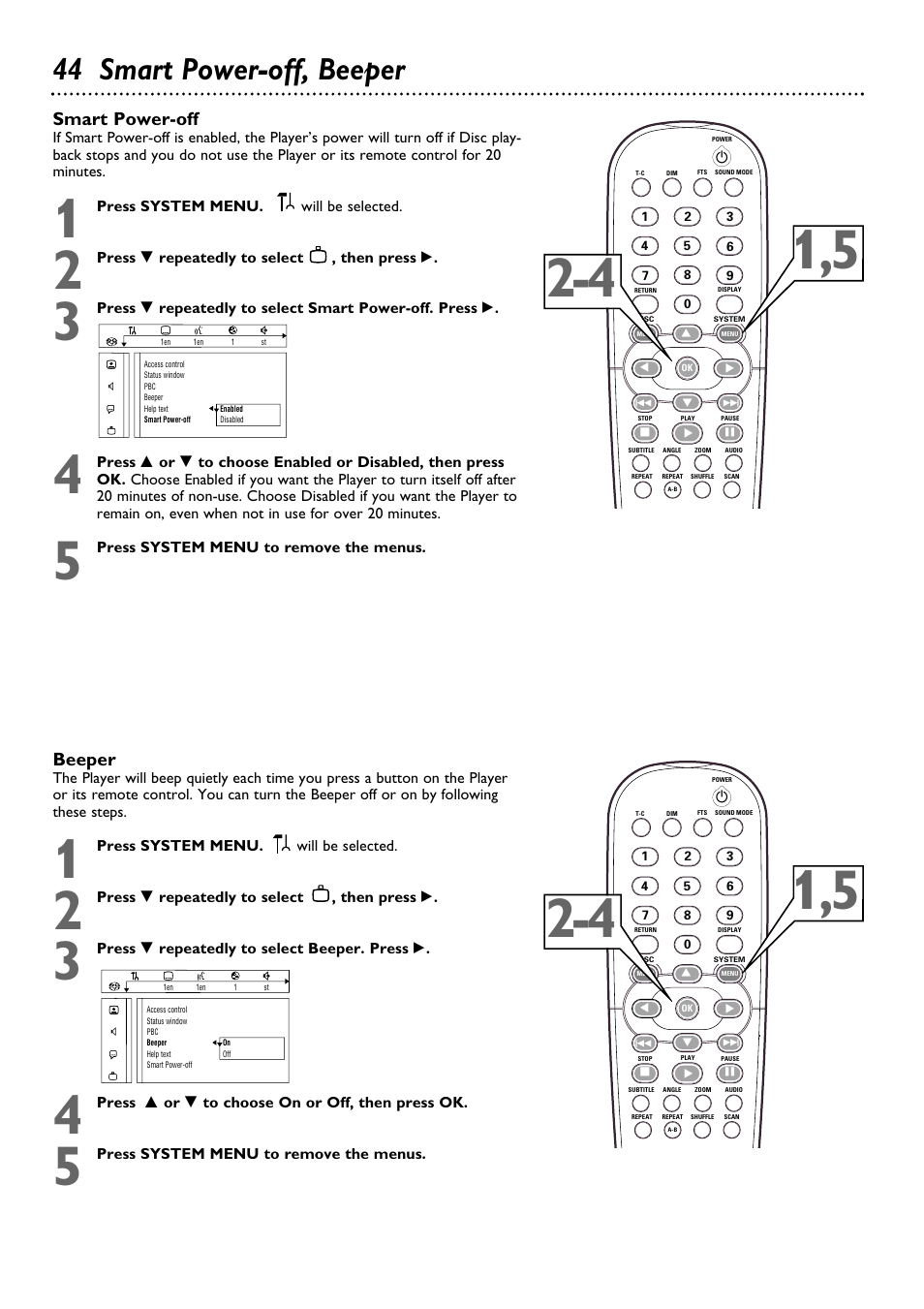 44 smart power-off, beeper, Smart power-off, Beeper | Philips DVD763SA98 User Manual | Page 44 / 52