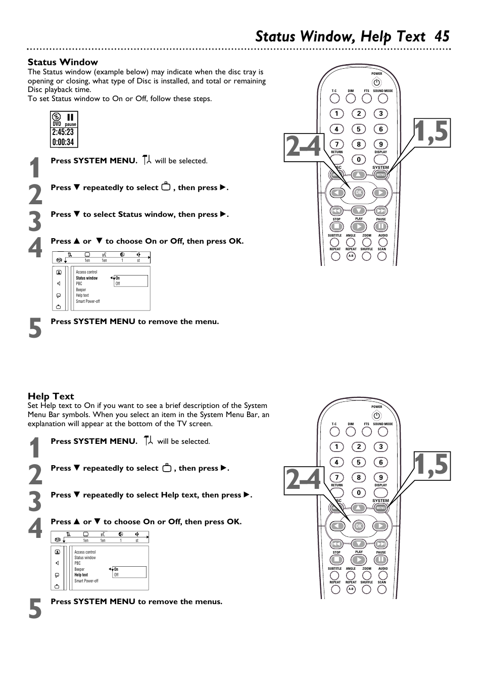 Status window, help text 45, Help text, Status window | Philips DVD763SA98 User Manual | Page 45 / 52