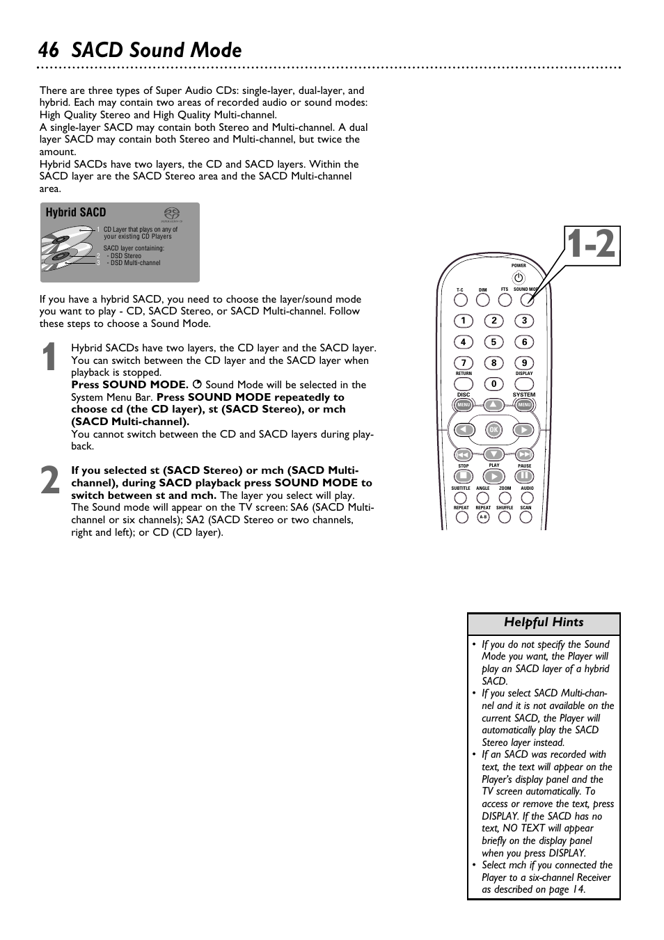 46 sacd sound mode, Helpful hints | Philips DVD763SA98 User Manual | Page 46 / 52