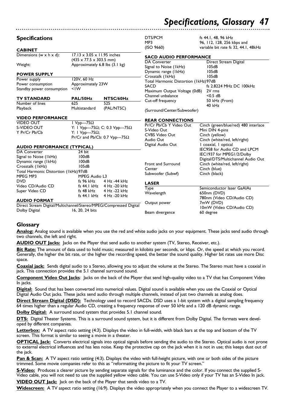 Specifications, glossary 47, Specifications, Glossary | Philips DVD763SA98 User Manual | Page 47 / 52