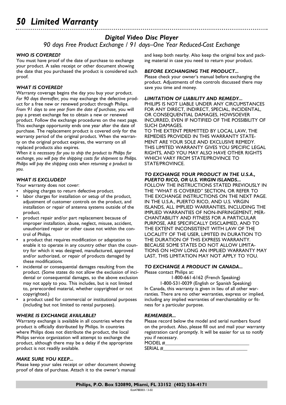 50 limited warranty | Philips DVD763SA98 User Manual | Page 50 / 52