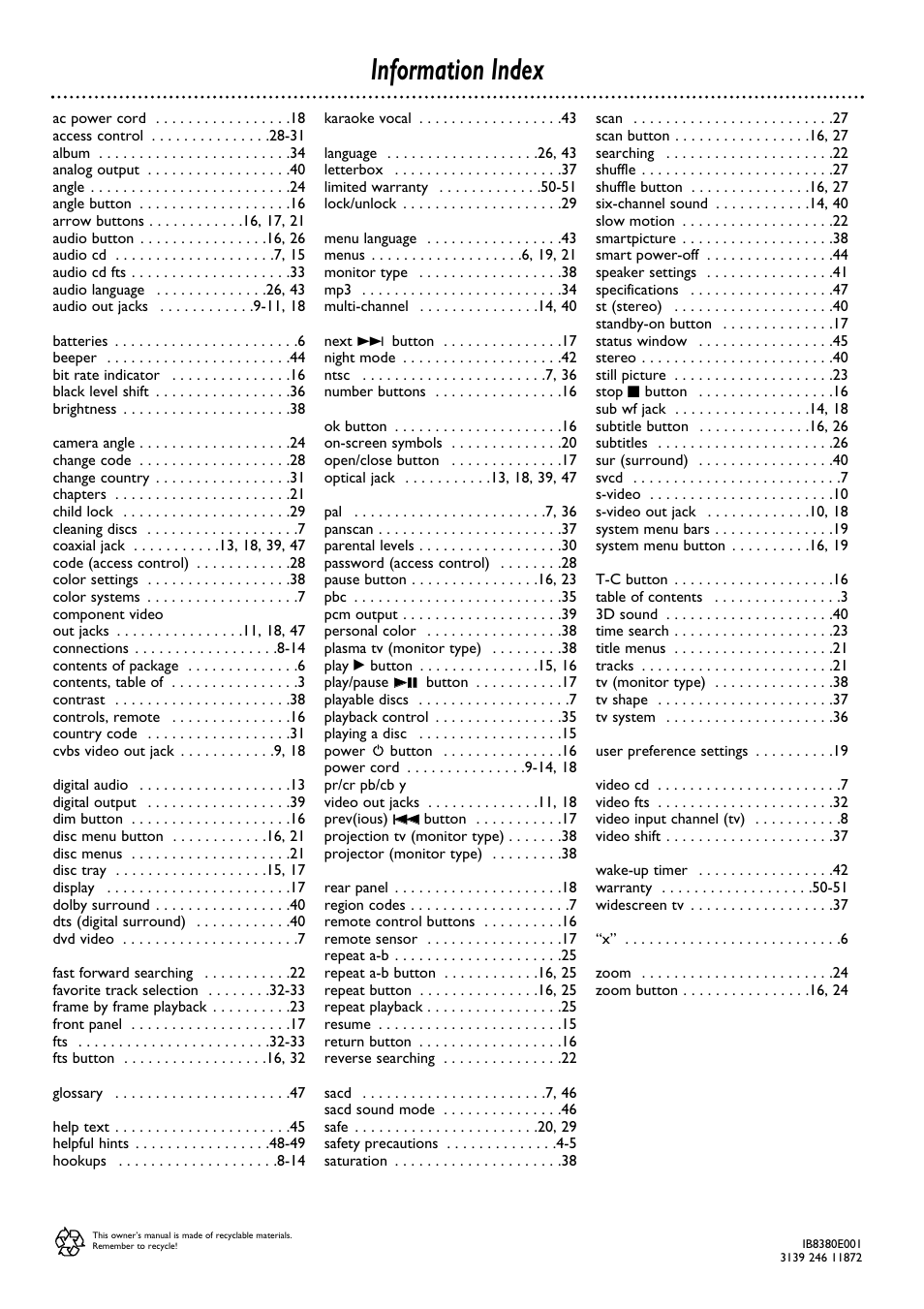 Information index | Philips DVD763SA98 User Manual | Page 52 / 52