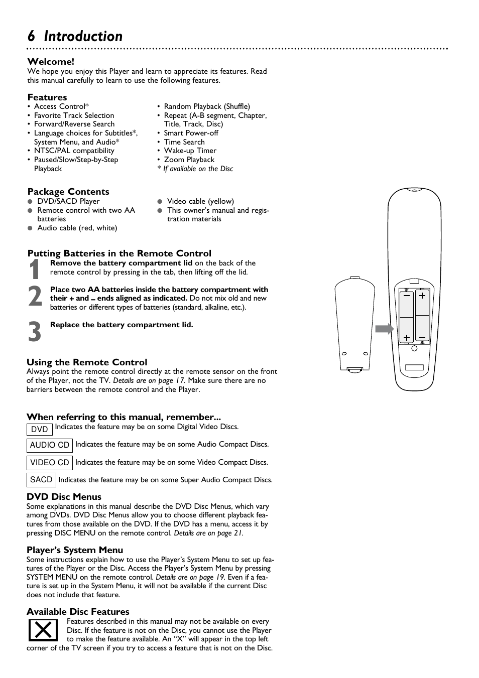 6 introduction | Philips DVD763SA98 User Manual | Page 6 / 52