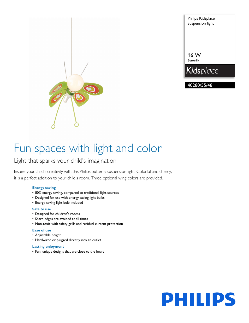 Philips Kidsplace Suspension light 40280-55-48 16 W Butterfly User Manual | 2 pages