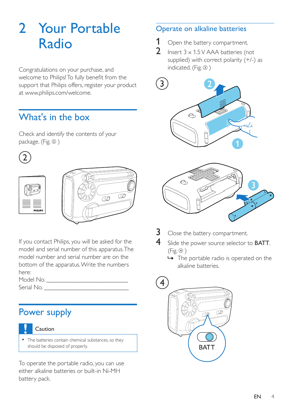 2 your portable radio, What's in the box, Power supply | Philips AE1120-00 User Manual | Page 4 / 10