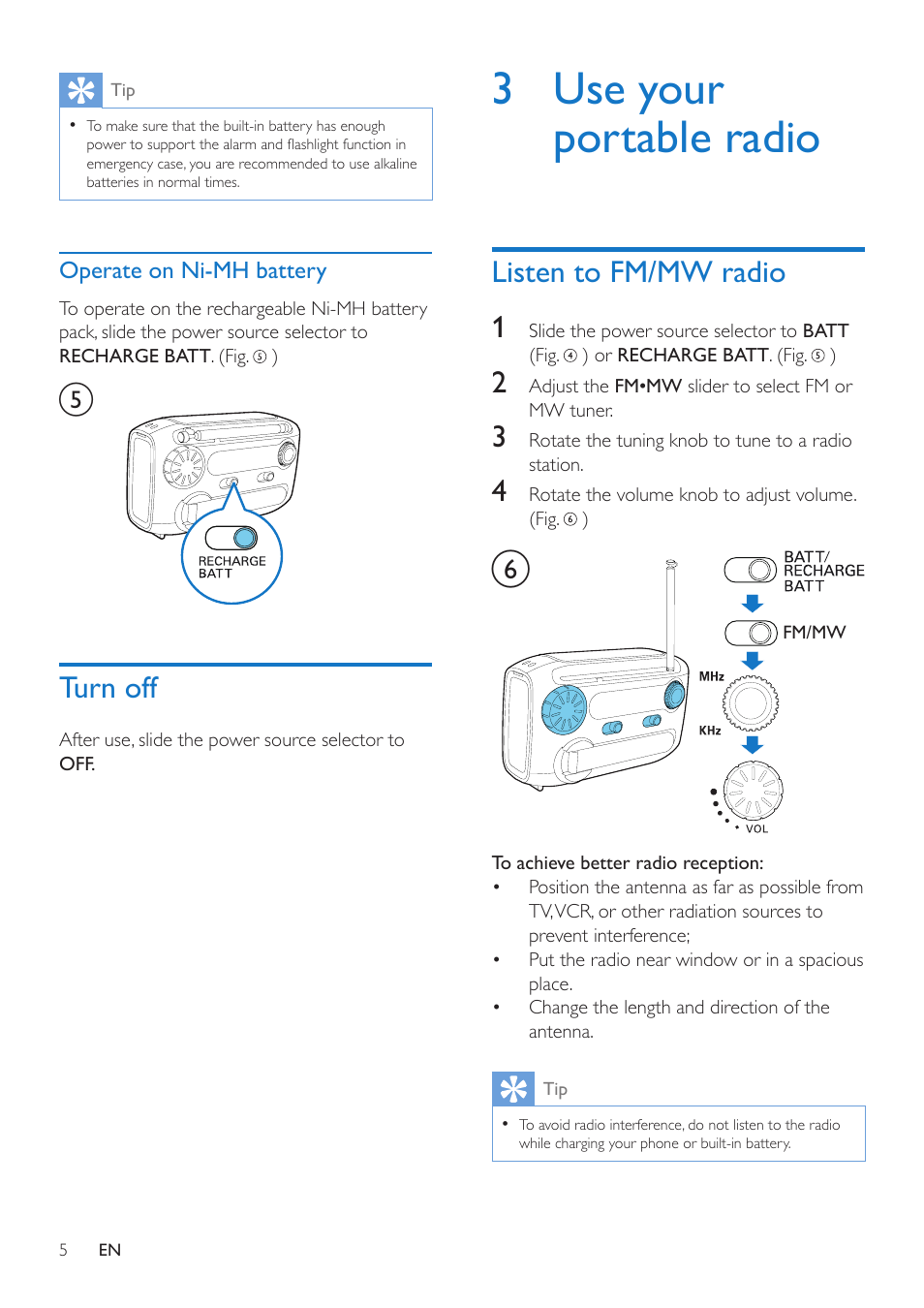 Turn off, 3 use your portable radio, Listen to fm/mw radio | Philips AE1120-00 User Manual | Page 5 / 10