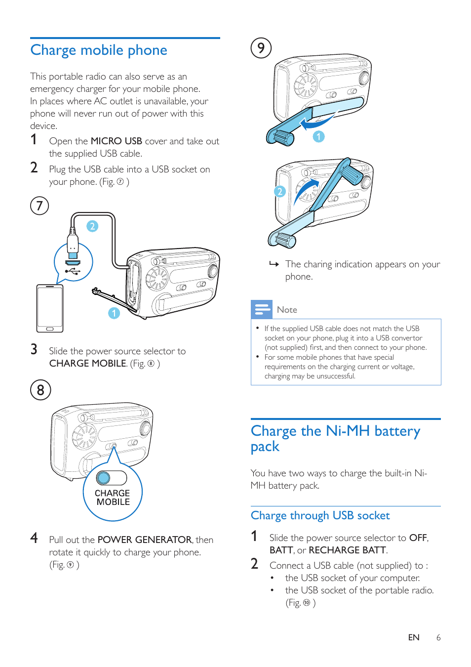 Charge mobile phone, Charge the ni-mh battery pack | Philips AE1120-00 User Manual | Page 6 / 10