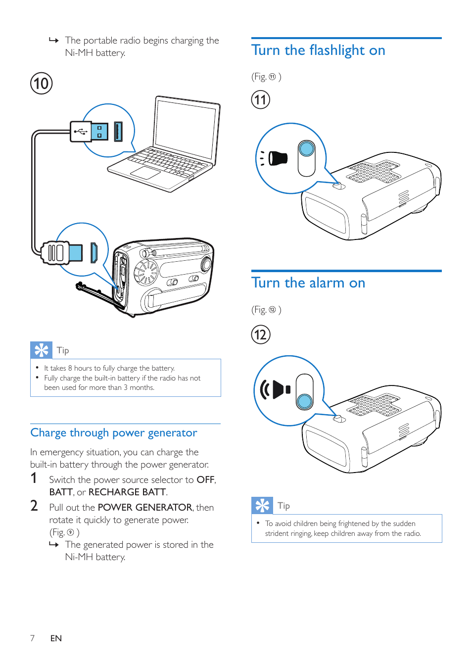 Turn the flashlight on, Turn the alarm on | Philips AE1120-00 User Manual | Page 7 / 10