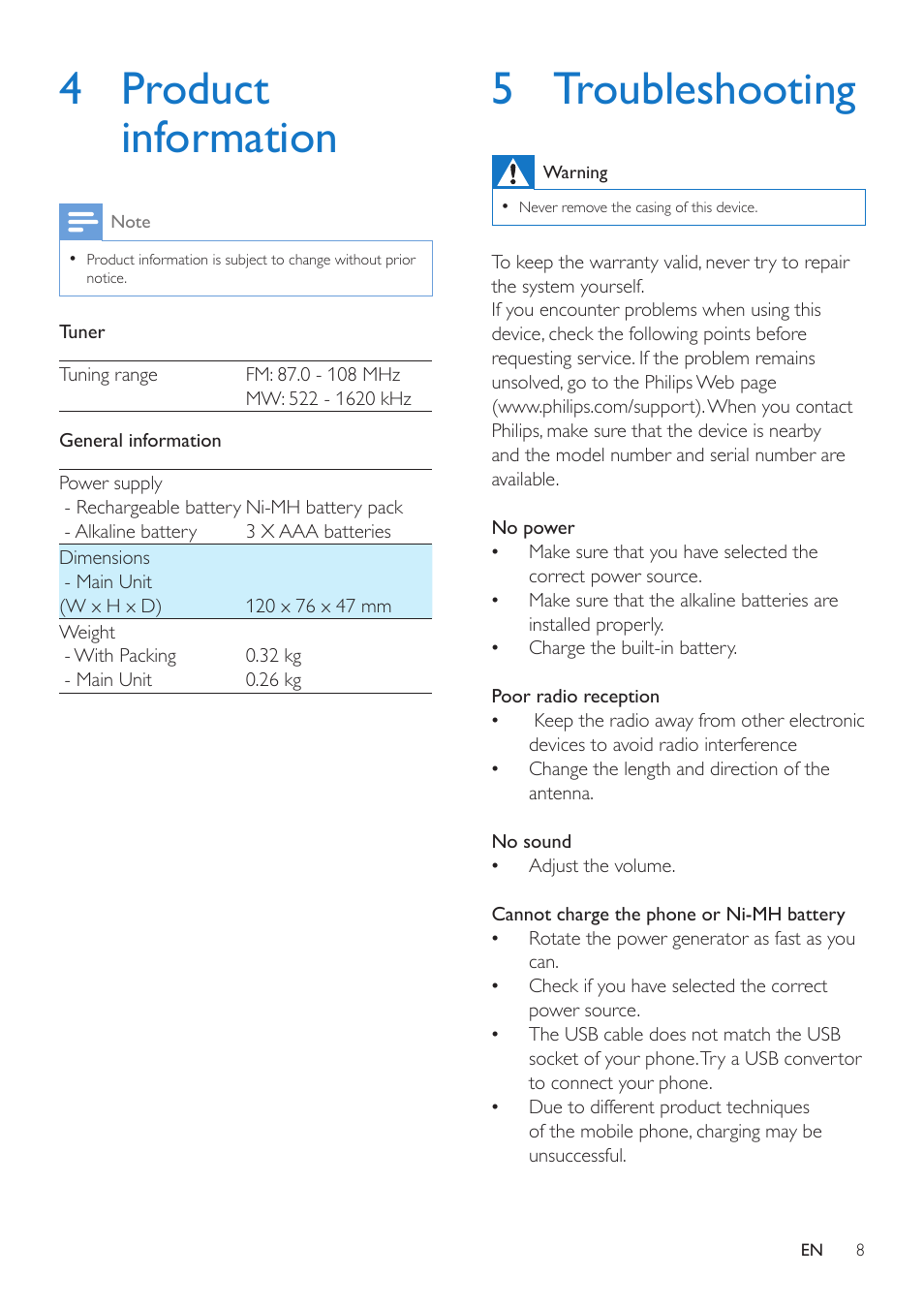 4 product information, 5 troubleshooting | Philips AE1120-00 User Manual | Page 8 / 10