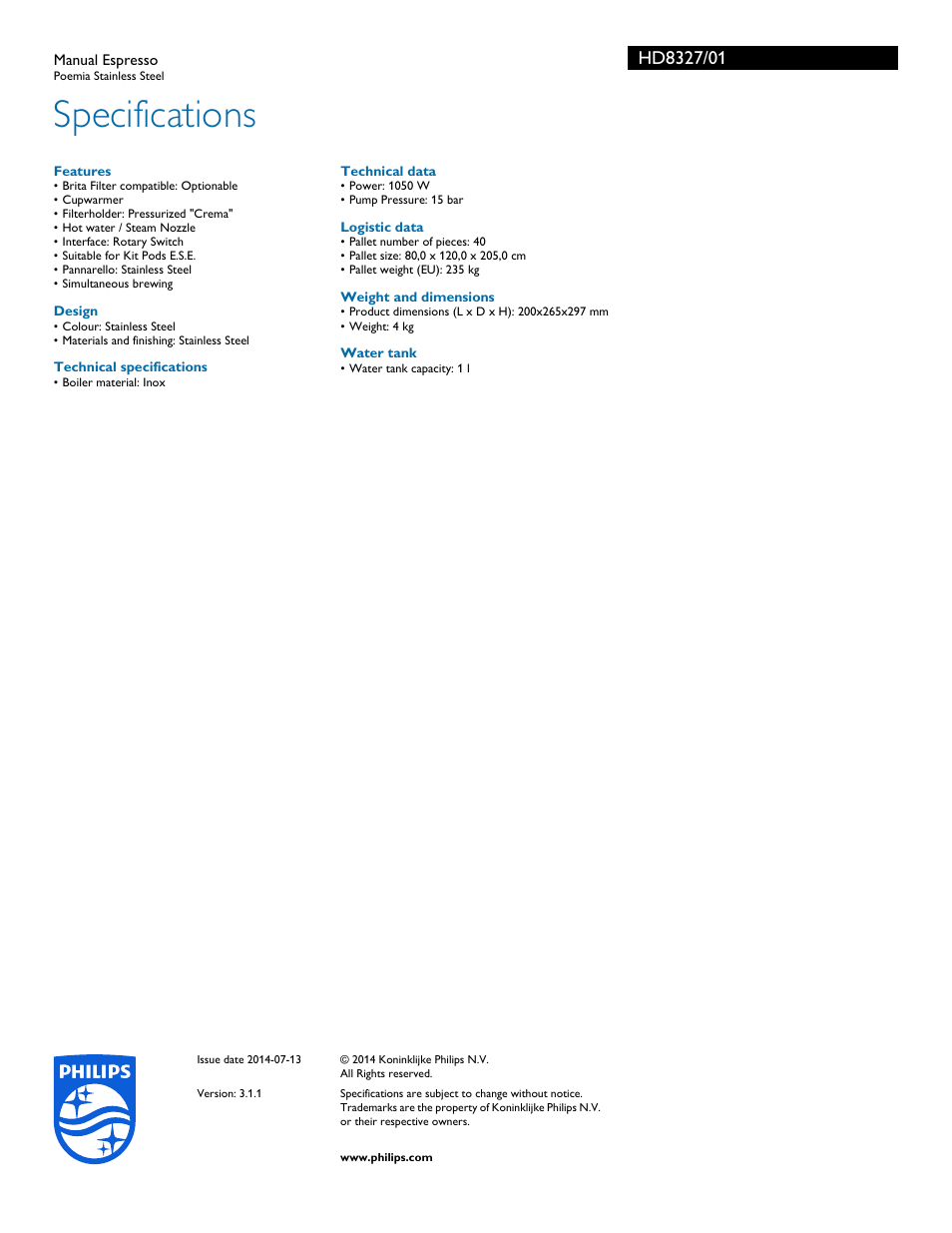 Specifications | Philips HD8327-01 User Manual | Page 3 / 3