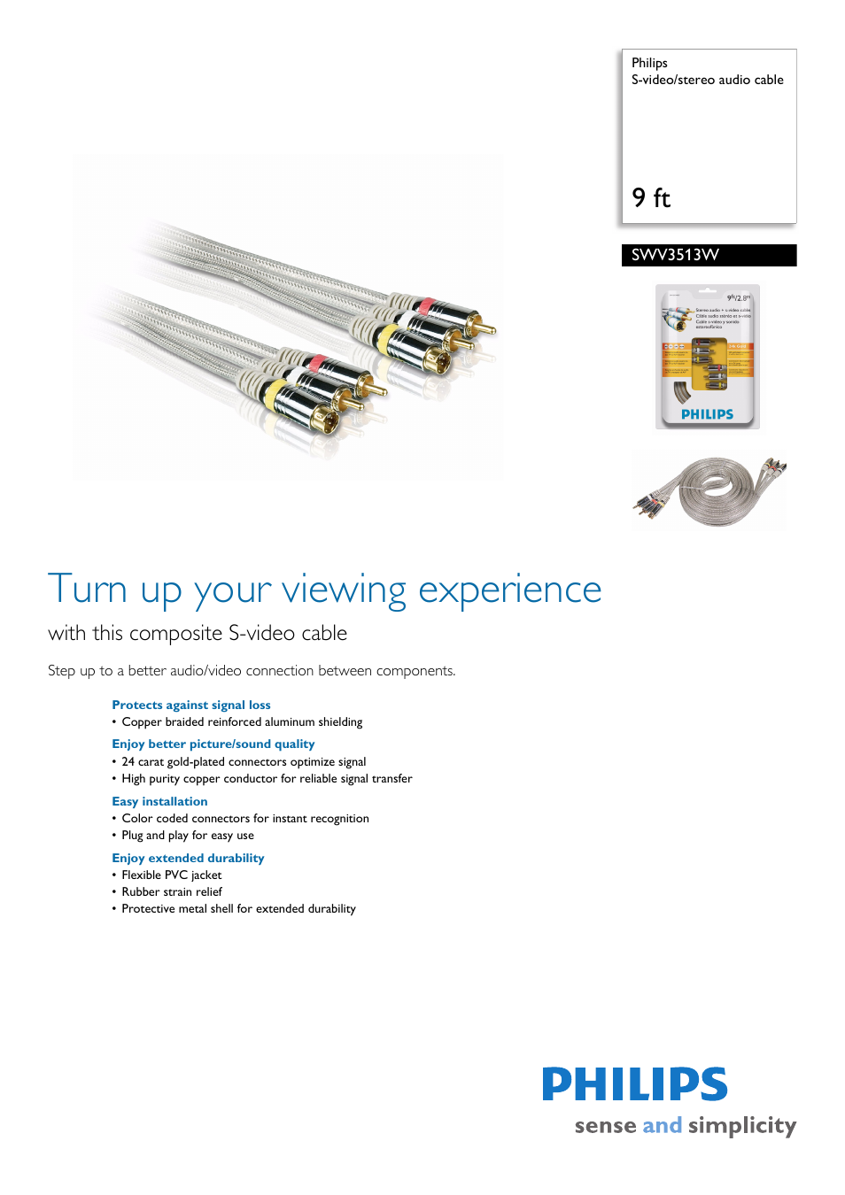 Philips S-video-stereo audio cable SWV3513W 9 ft User Manual | 2 pages