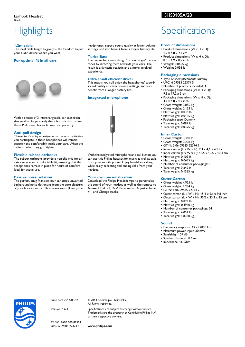 Highlights, Specifications | Philips SHS8105A-28 User Manual | Page 2 / 2