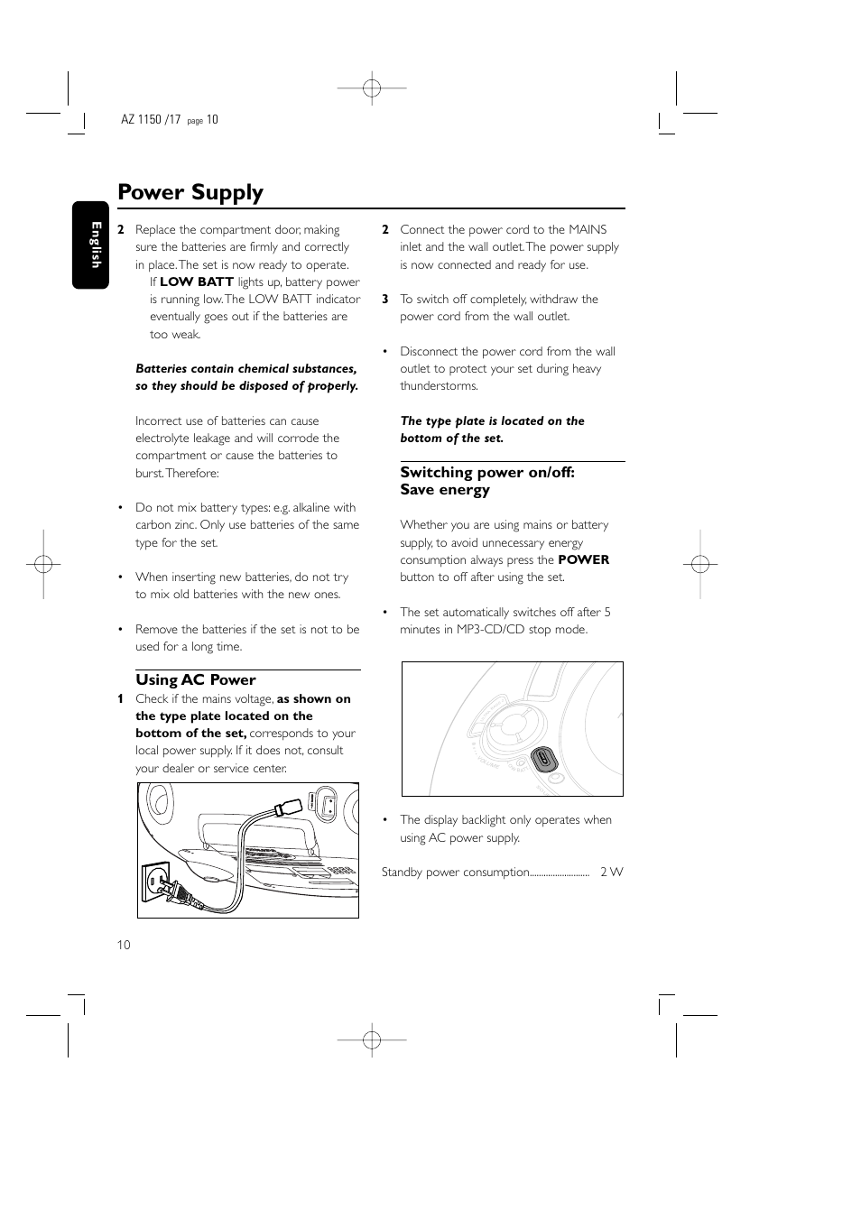 Power supply, Using ac power, Switching power on/off: save energy | Philips AZ1155 User Manual | Page 10 / 19