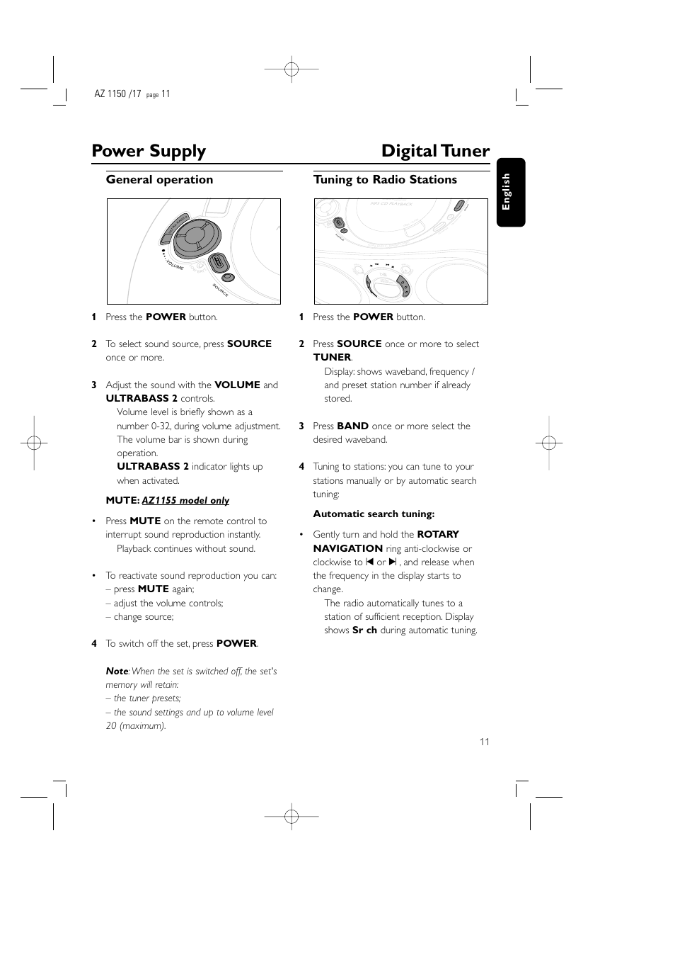 Power supply digital tuner, General operation, Tuning to radio stations | Og r a m | Philips AZ1155 User Manual | Page 11 / 19