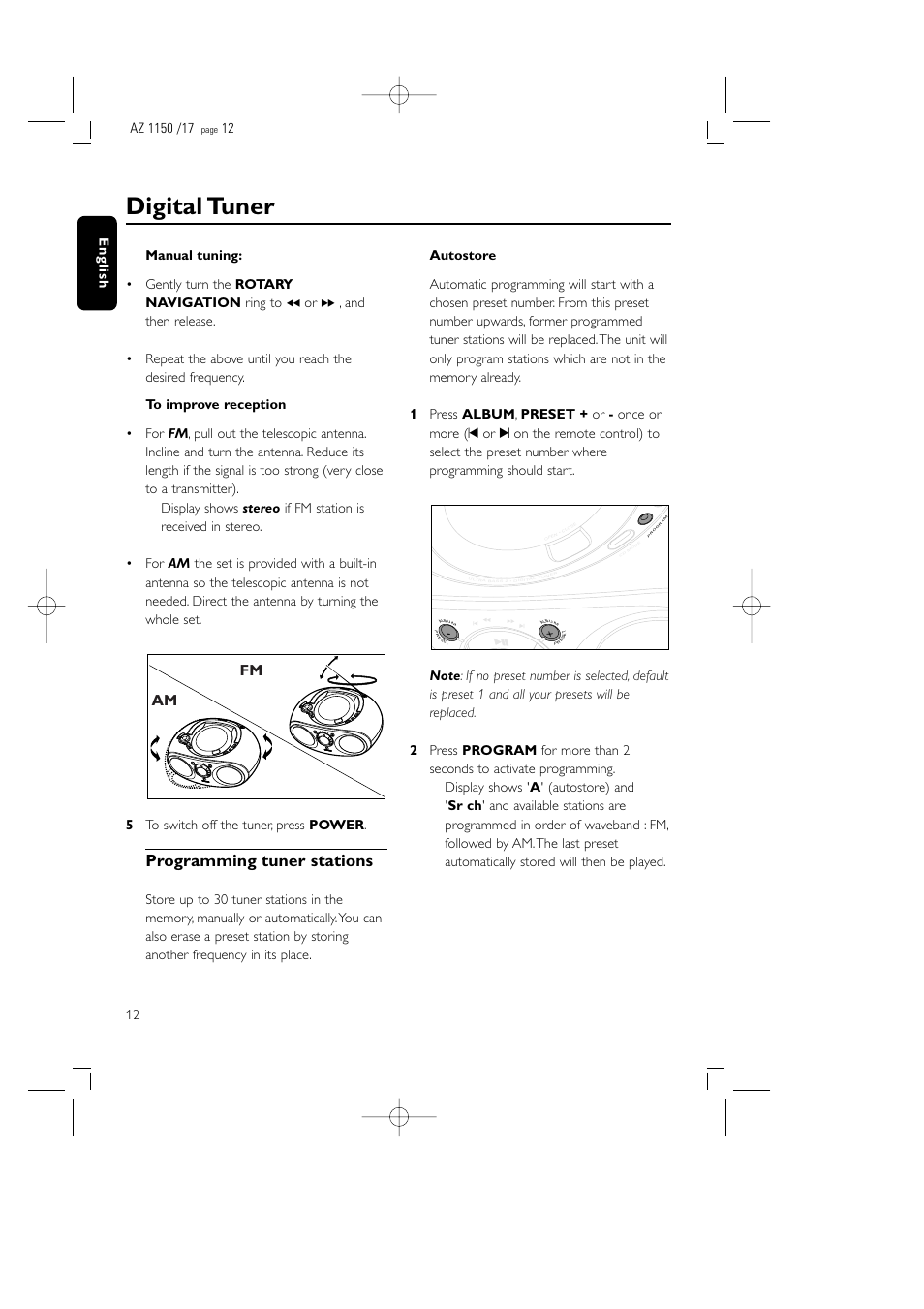Digital tuner, Programming tuner stations, Fm am | Philips AZ1155 User Manual | Page 12 / 19