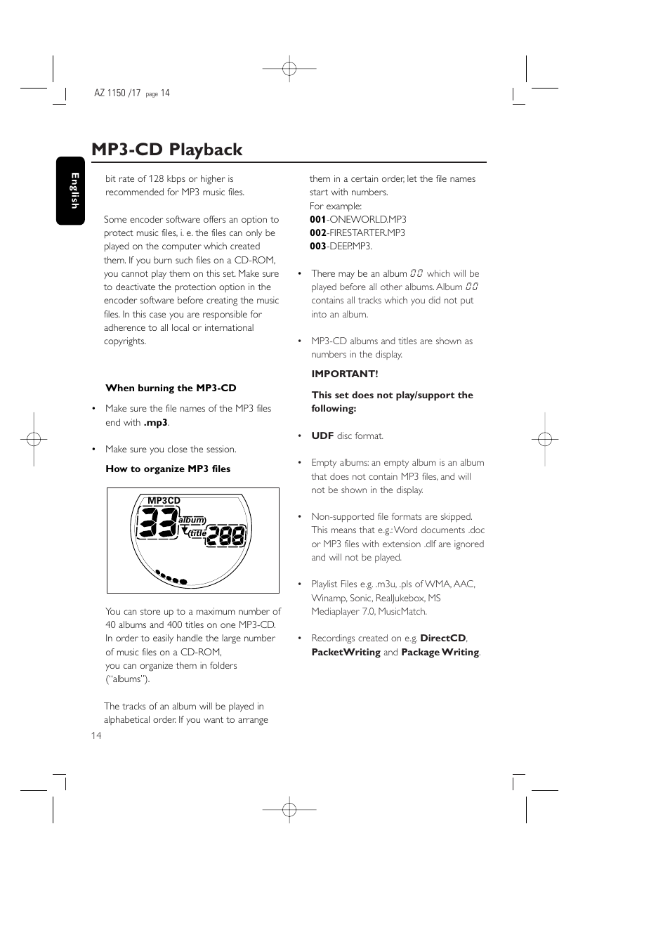 Mp3-cd playback | Philips AZ1155 User Manual | Page 14 / 19