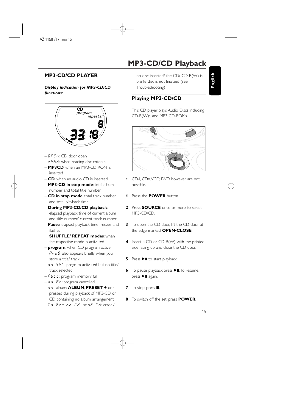 Mp3-cd/cd playback, Mp3-cd/cd player, Playing mp3-cd/cd | Program repeat all | Philips AZ1155 User Manual | Page 15 / 19