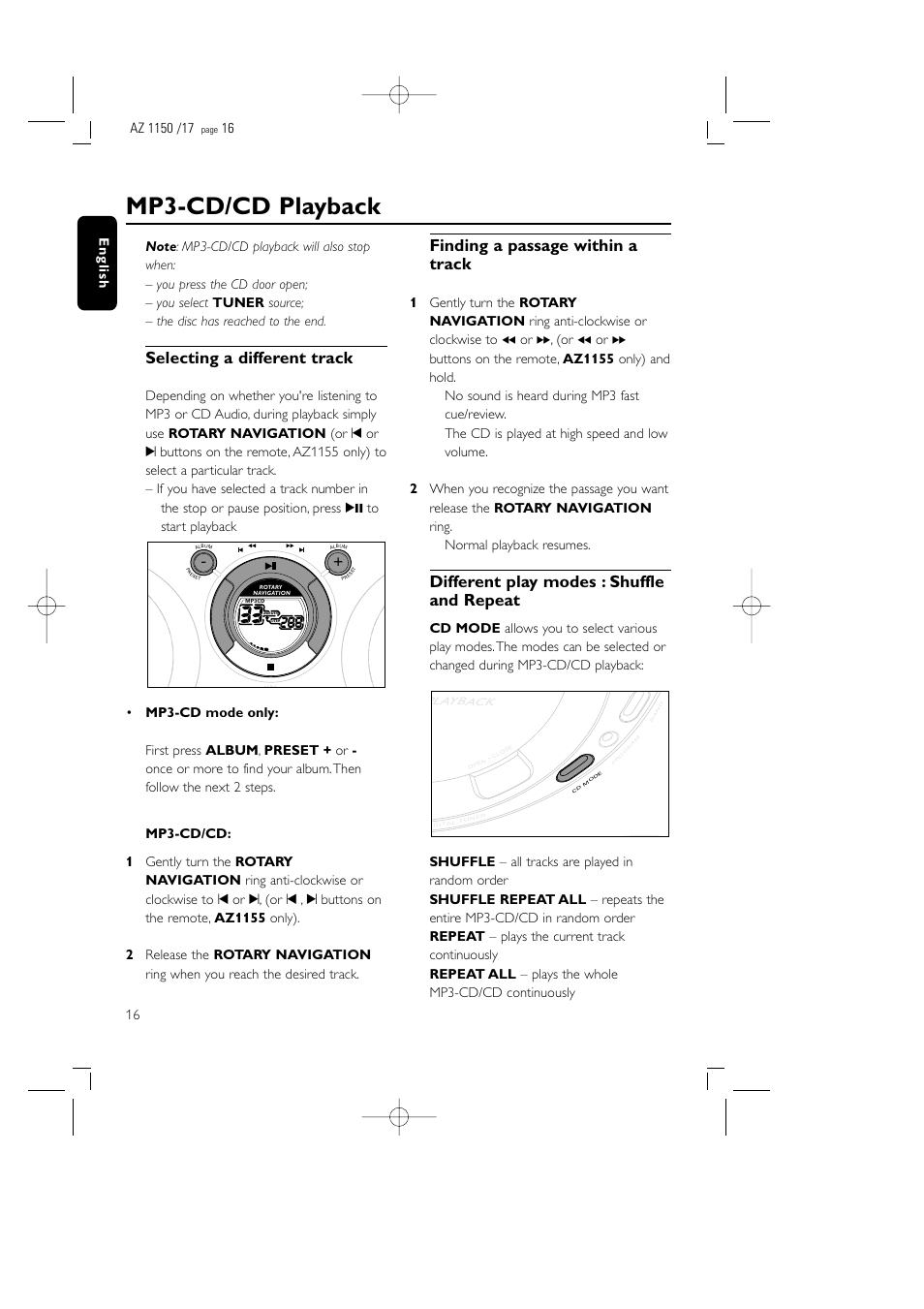 Mp3-cd/cd playback, Selecting a different track, Finding a passage within a track | Different play modes : shuffle and repeat, Playback | Philips AZ1155 User Manual | Page 16 / 19