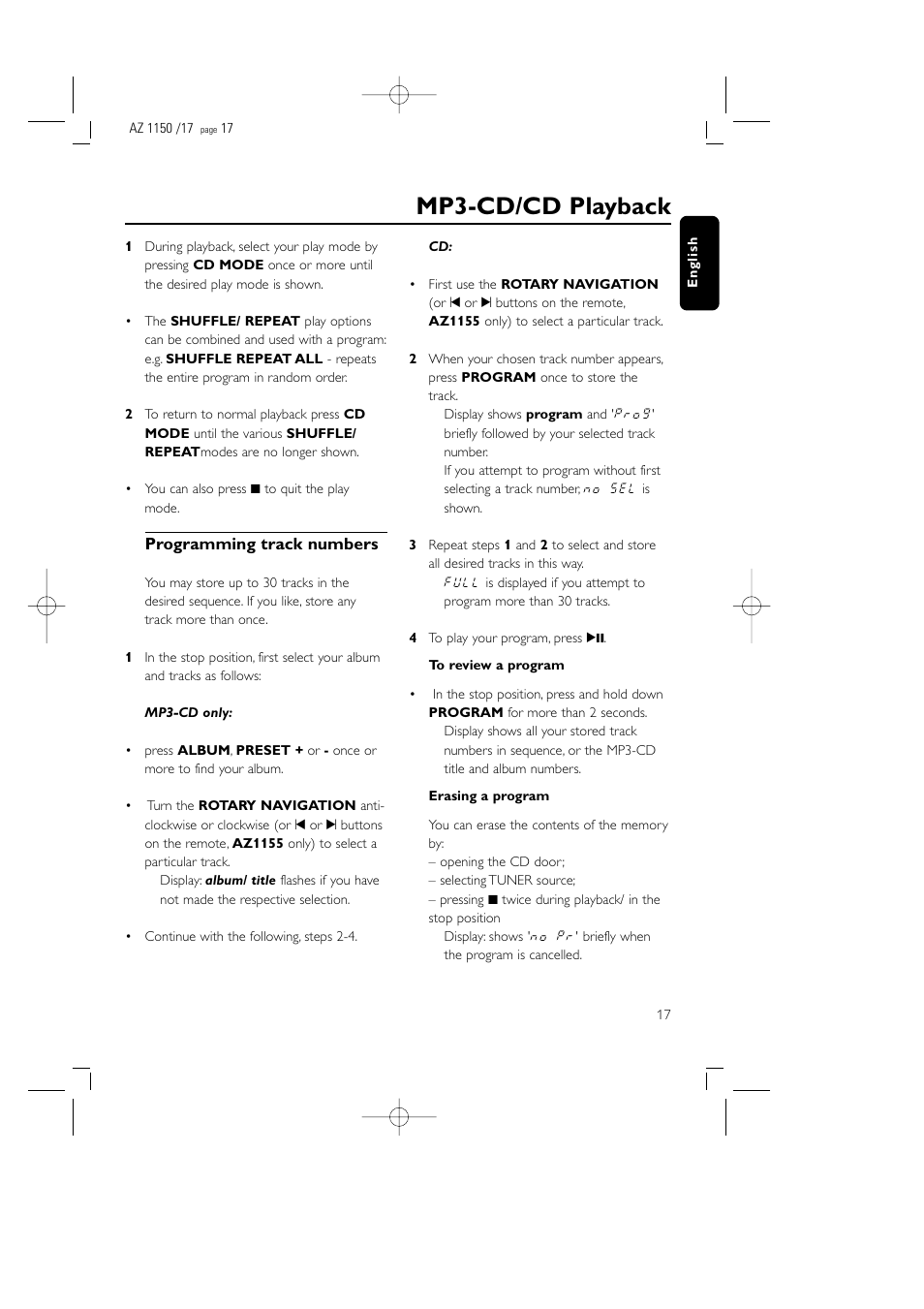 Mp3-cd/cd playback | Philips AZ1155 User Manual | Page 17 / 19