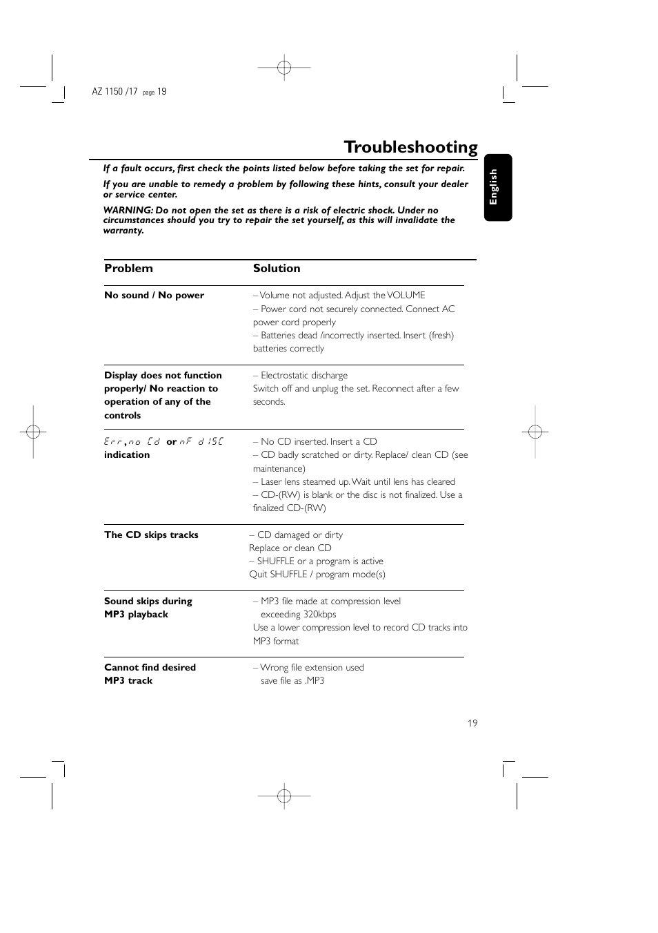 Troubleshooting | Philips AZ1155 User Manual | Page 19 / 19