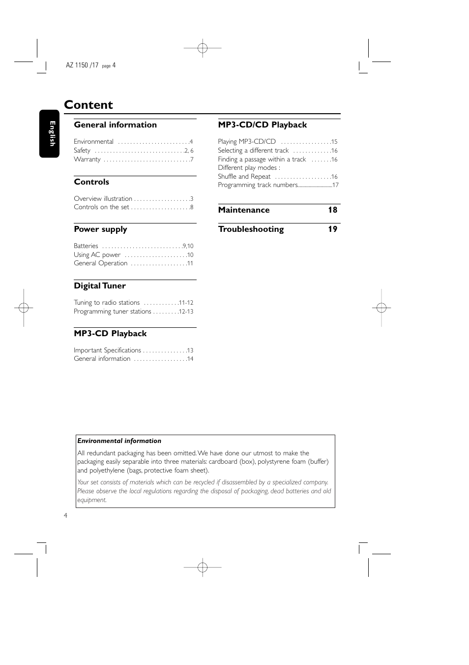 Content | Philips AZ1155 User Manual | Page 4 / 19