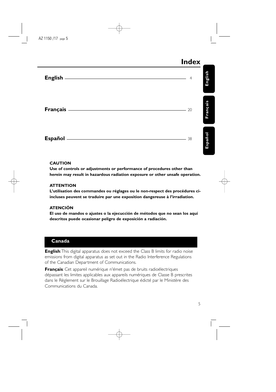 Index, English, Français | Español | Philips AZ1155 User Manual | Page 5 / 19