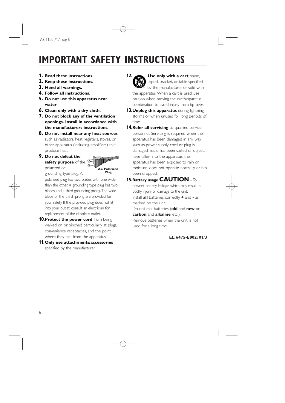 Important safety instructions, Caution | Philips AZ1155 User Manual | Page 6 / 19