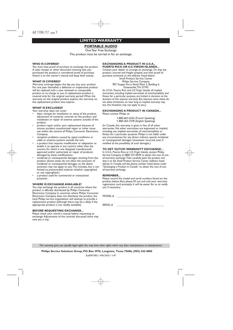 Limited warranty | Philips AZ1155 User Manual | Page 7 / 19