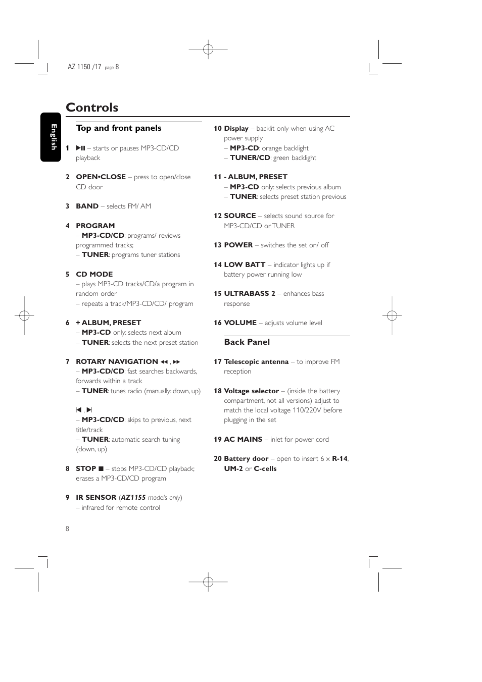 Controls | Philips AZ1155 User Manual | Page 8 / 19