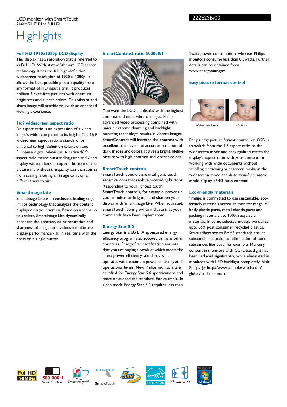 Highlights | Philips 222E2SB-00 User Manual | Page 2 / 3
